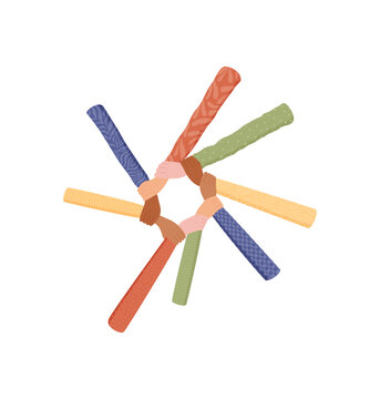 Colorful hands joined in a unity symbol. Group of diverse people connected in solidarity and support. Multicultural arms forming a team gesture. World concept flat colorful style, perfect for