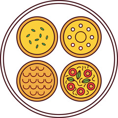 Fototapeta premium Four delicious circular pizzas arranged in a round plate ready to be eaten