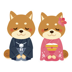 晴れ姿の戌年のキャラクター　男女　お辞儀