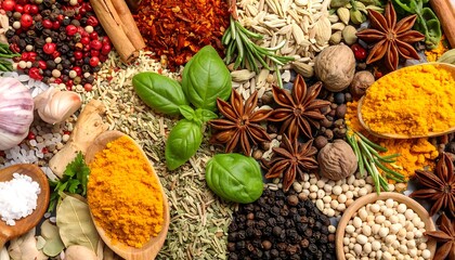 A vibrant assortment of aromatic spices and herbs fills the frame. Various shapes, colors, and textures of whole, ground, and fresh culinary elements intermingle, suggesting global cuisine.
