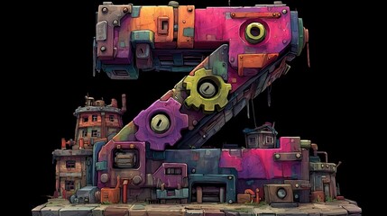 Cartoon Mechanical Letter Z with Gears and Industrial Building Elements