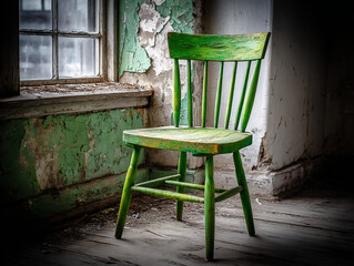 Green Wooden Chair in Abandoned Room with Peeling Paint