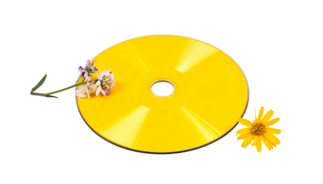 yellow compact disc with flowers isolated on transparent background