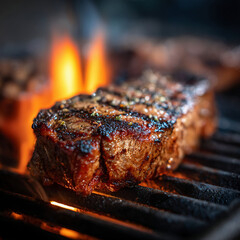 Juicy Grilled Steak Cooking Over Open Flame on Barbecue