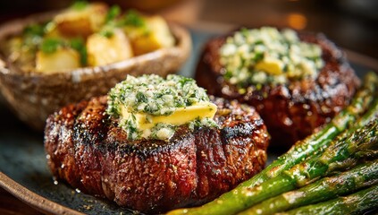Grilled steak with butter, potatoes, and asparagus