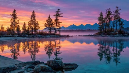 Sunrise over a serene lake,  pine trees mirrored