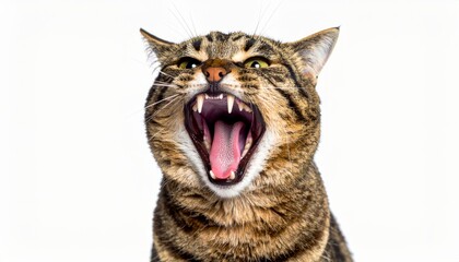 Angry cat, the cat is angry, bares its teeth, hisses, isolated on a white background