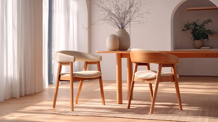 Minimalist Dining Room Interior with Light Wood Furniture