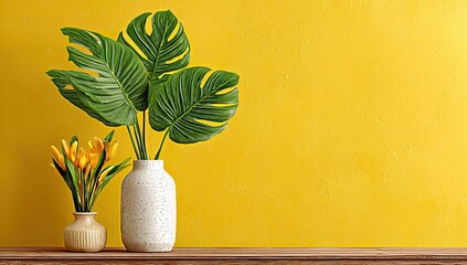 Yellow wall, potted plants,  rustic wood
