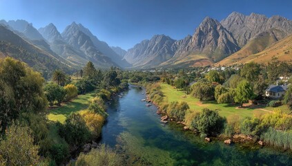 Mountain valley river flowing through town