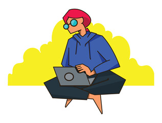 A girl sitting with a laptop.Student, office worker, Freelance vector illustration, flat color, isolated character designs.