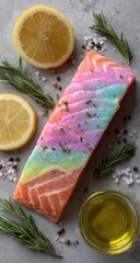 Rainbow-colored salmon fillet, lemon slices, rosemary, and herbs