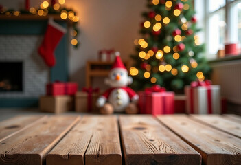 Wooden plank background and cozy Christmas background with gifts and festive decor. Text space. Celebration concept