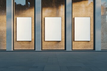 Mock-up sign panels displayed on brick facade in urban setting during sunny afternoon