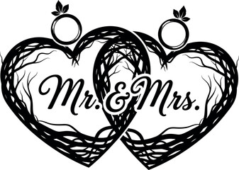 Intertwined heart silhouette with mr. & mrs. text and rings for wedding celebration vector silhouette