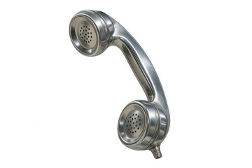 Chrome retro phone handset floating on transparent background, representing communication and vintage technology