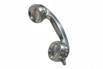 Chrome retro phone handset floating on transparent background, representing communication and vintage technology