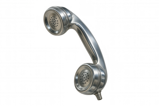 Chrome retro phone handset floating on transparent background, representing communication and vintage technology - Powered by Adobe
