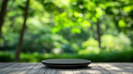 charger pad display with natural green blur background, space for text 