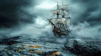 Wandcirkels Schip A weathered tall ship battles a turbulent storm at sea amidst dark clouds and crashing waves  © Bussakon