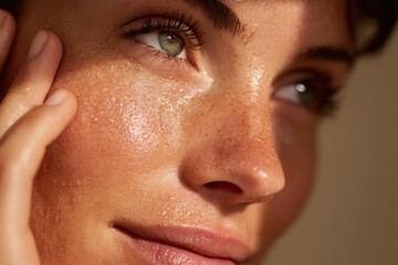 Naklejka premium Close-Up of a Woman With Blurred Background Highlighting Skincare, Wellness, Beauty Concepts for Dermatology, Beauty Products