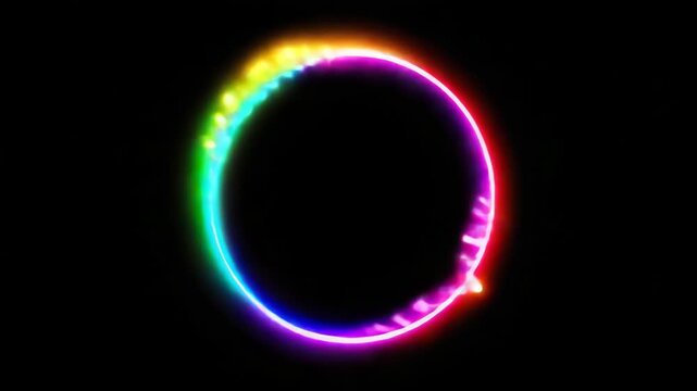Dynamic glowing neon circle pulses with vibrant rainbow energy against black background