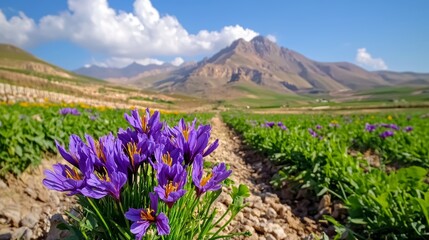 Obraz premium Saffron Flowers Blooming in Mountain Landscape