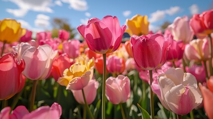 Vibrant Pink   Yellow Tulips Spring Flowers Field Bloom