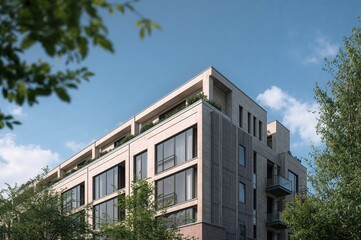 Obraz premium Urban residential building facade with natural stone and large windows