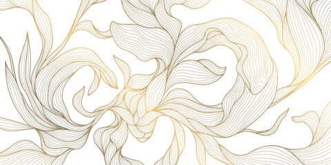Vector luxurious gold floral vector illustration featuring elegant line art of leaves and blossoms, perfect for vintage inspired wedding cards, botanical wallpapers, or modern spring themed designs.