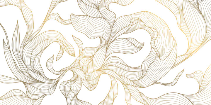 Vector luxurious gold floral vector illustration featuring elegant line art of leaves and blossoms, perfect for vintage inspired wedding cards, botanical wallpapers, or modern spring themed designs.