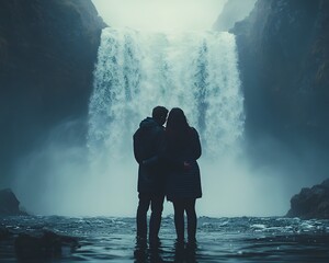 A romantic couple embraces before a powerful mist shrouded waterfall in a dramatic natural landscape