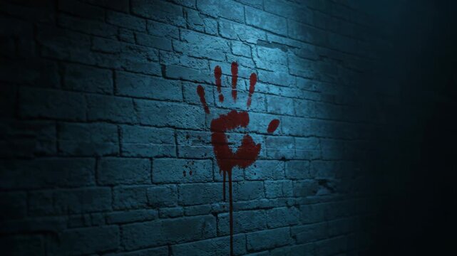 Bloody handprint smeared wall dim lighting, creepy atmosphere gritty texture, horror decoration effect, scary spooky party detail, haunted ghostly ambiance, autumn festival night, bloody handprint Hal