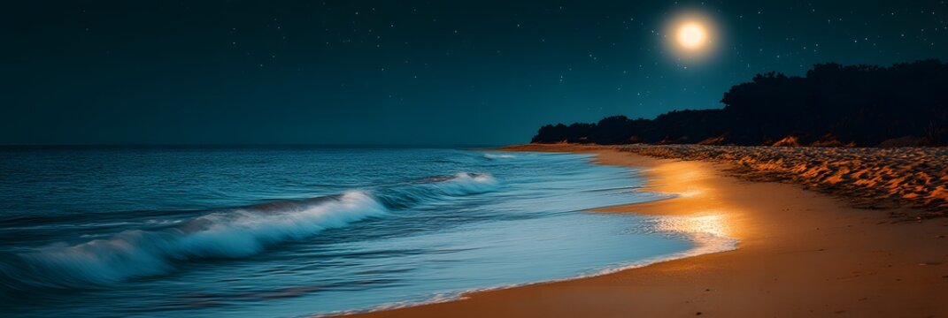 Ocean waves gently wash onto a sandy beach under a starry night sky with a full moon