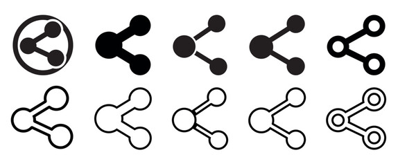 Collection of share icons in various styles including outline and filled solid black versions isolated on transparent background