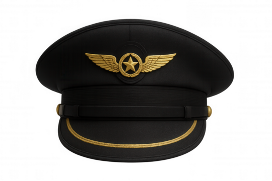 Pilot hat with golden wings and star badge, highlighting aviation professional's emblematic headwear against clean transparent backdrop