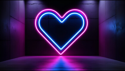 Bright neon glowing heart outline in pink and blue colors centered on dark wall modern minimal love background