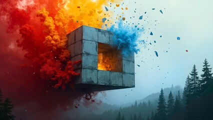 Colorful and glowing block buildings in the forest