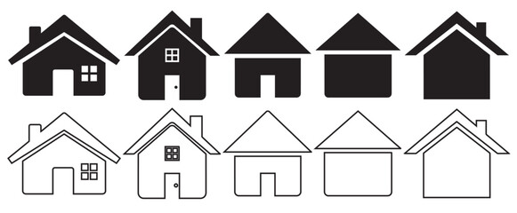 Collection of simple house silhouettes and outlines in black and white showing different levels of detail isolated on transparent background