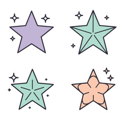 Obraz premium Star icons purple, mint, and peach hues, sparkling accents, varied shapes