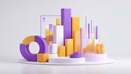 Abstract graphic display of data, featuring vibrant purple and orange shapes, bar graphs, and pie charts arranged on a white pedestal