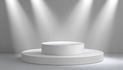 Fototapeta premium Empty, white pedestal stage lit by spotlights
