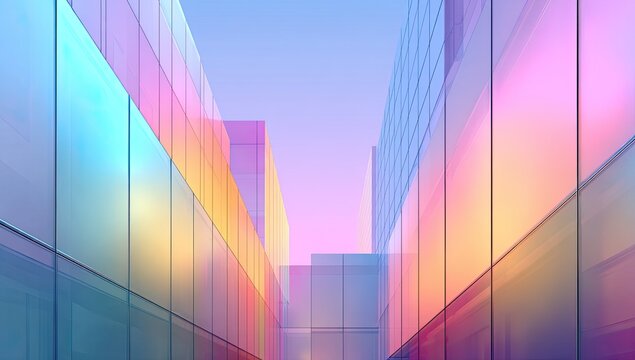 A vibrant, geometric cityscape of glowing, colorful glass buildings