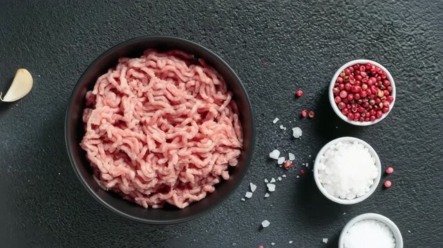 Cutlet ingredients beef farce meat in a plate on black background with spaces, garlic, sault end red pepper, top view banner with copy space