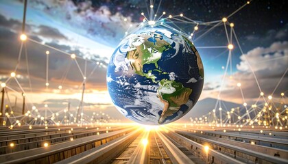 Earth globe rising above train tracks, connected by digital network