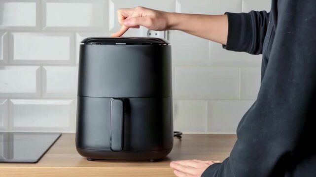 Woman at home using trendy kitchen gadget, deep fryer, selecting program on small convection oven on countertop for deep frying without oil, healthy way to cook fried food