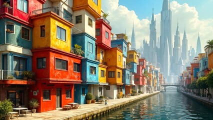 Fantasy colored house waterfront landscape map