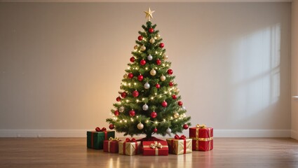 Christmas Tree Beautifully Decorated With Ornaments and Surrounded by Colorful Gifts in a Cozy Living Room