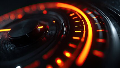 Close-up of a futuristic control panel.  Circular dial with glowing orange/red indicators.  Dark background emphasizes the illuminated elements.  Black circular button/dial in the center.