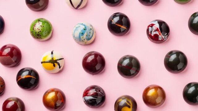 Assortment of painted handcrafted chocolate bonbons. Delicious dessert on a pastel pink solid background, top view close up candy, confectionary, chocolatier, handmade concept
